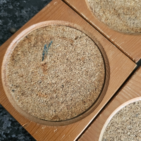 MCM Wood Brass 8 Piece Coaster Storage Box Drawer Style Cork Vintage Drinks Read - Picture 8 of 14
